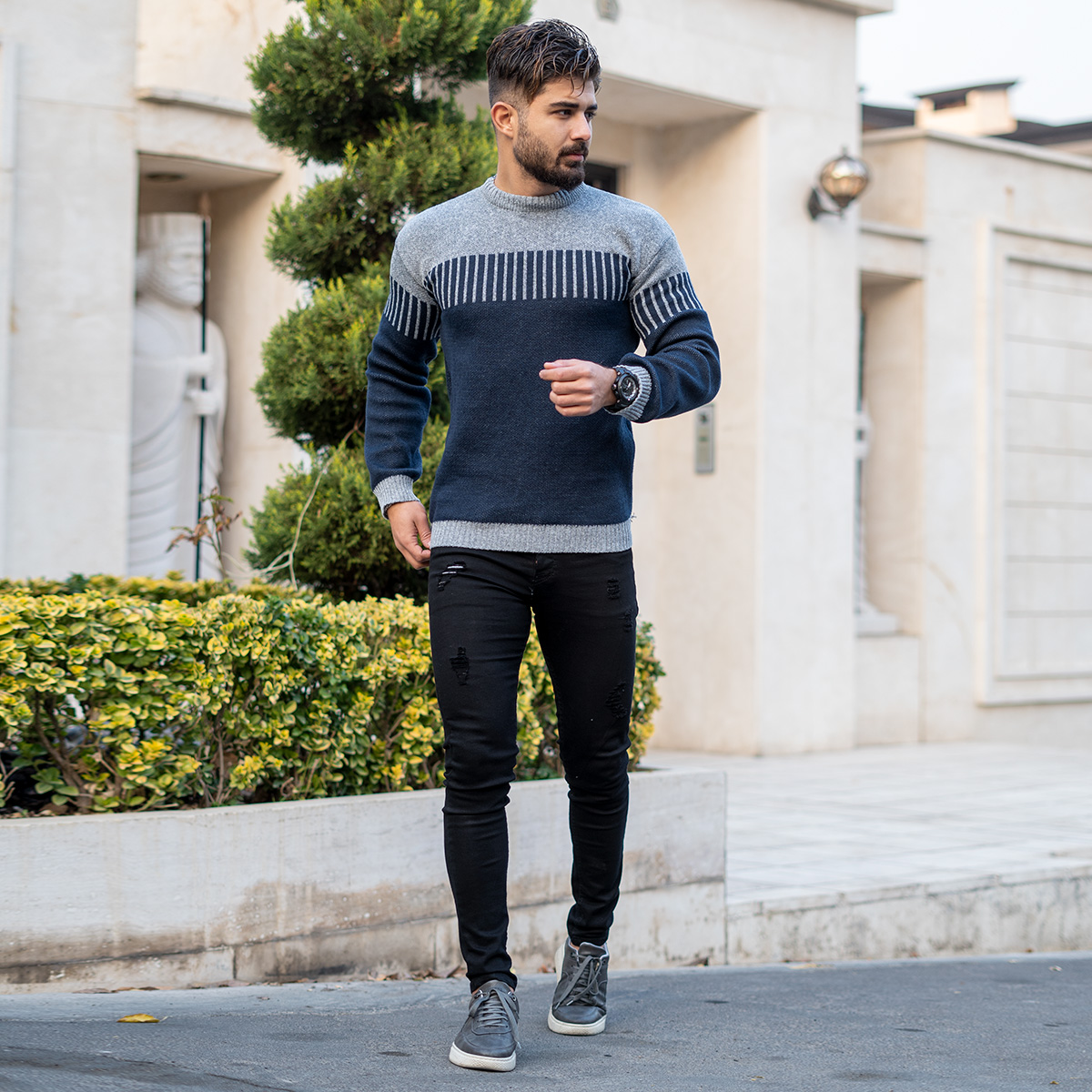 پلیور بافت مردانه طوسی سرمه ای مدل risha