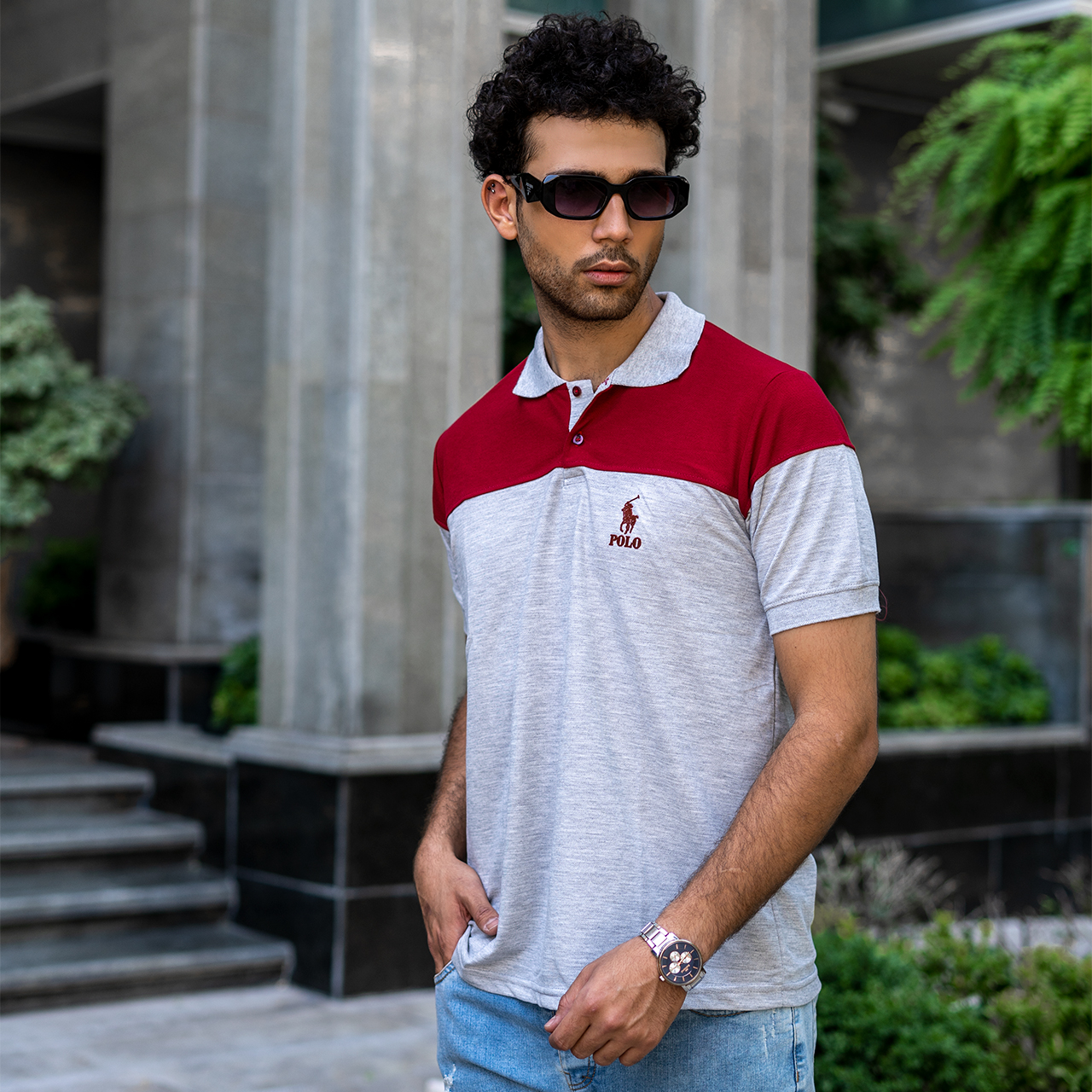 تیشرت مردانه POLO طوسی- زرشکی مردانه Mazyar