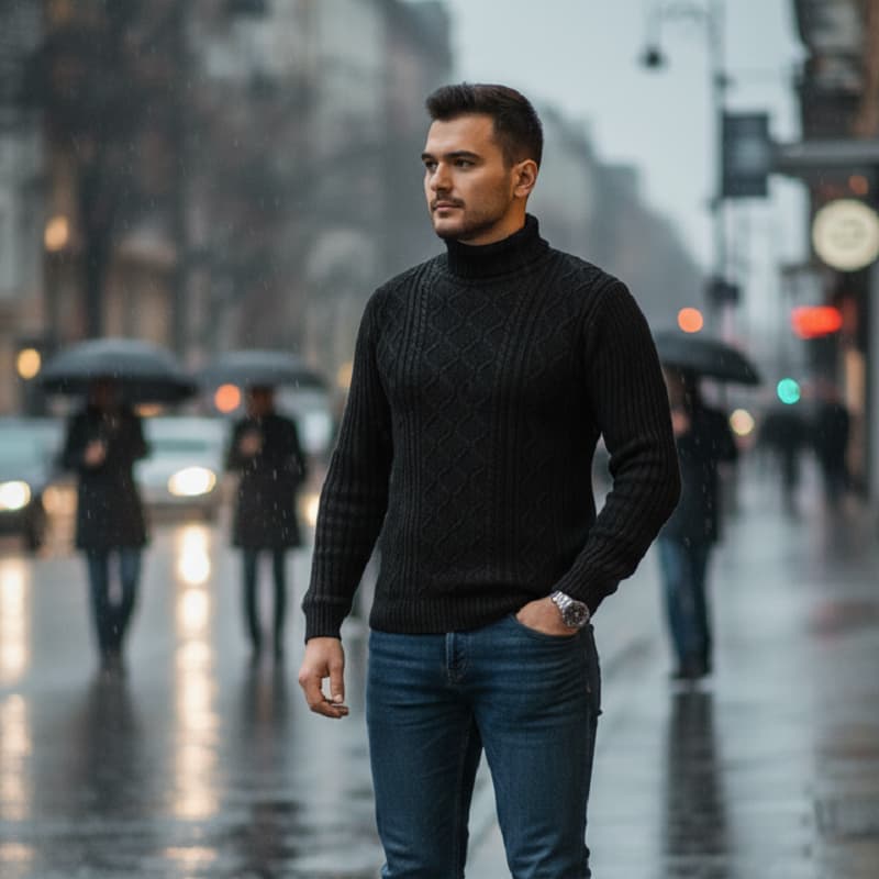 پلیوربافت مردانه مشکی یقه اسکی مدل Hakan