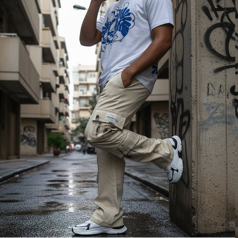 شلوار کارگو شش جیب پایین زیپ مدل sami-کرم